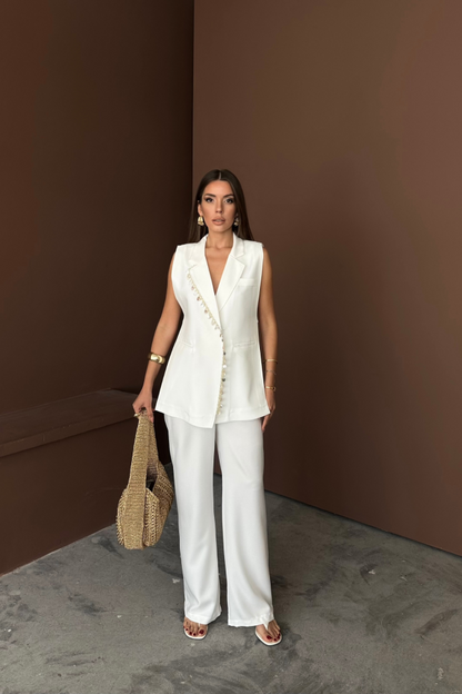 YAKA MİDYE KABUĞU SIRALI YELEK - PANTOLONTAKIM KETEN KUMAŞ - Beyaz