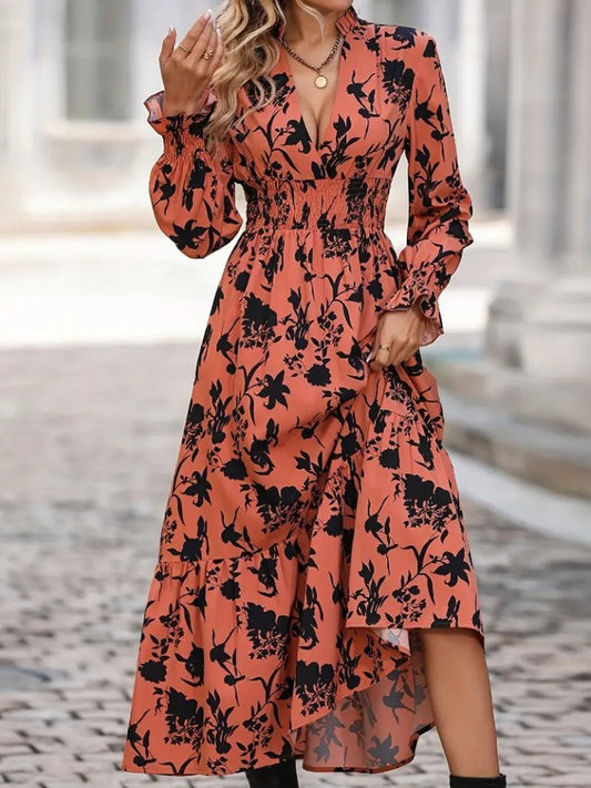 Kadın Uzun Kollu Kruvaze Yakalı çiçek Desenli Maksi Süprem Elbise