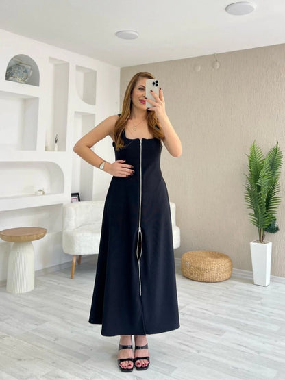 Kadın Askılı Kare Yaka önden Fermuarlı Geniş Kesim Janjan Krep Elbise