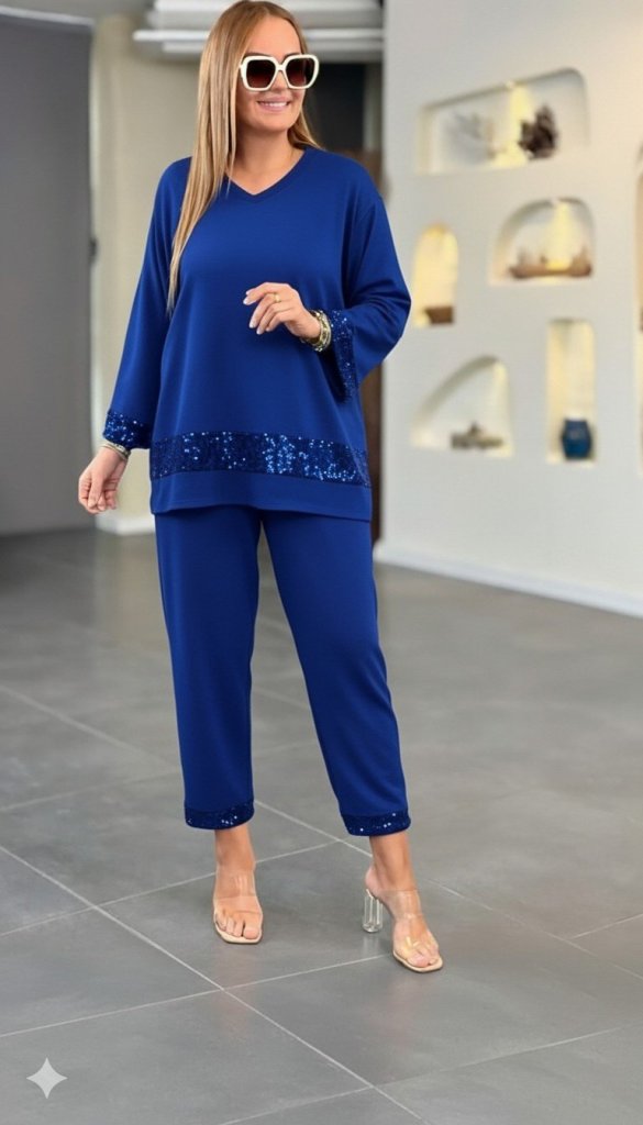 Kadın Uzun Kollu V Yakalı Pulpayet Viskon Iki Iplik Bluz Ve Pantolon Takım