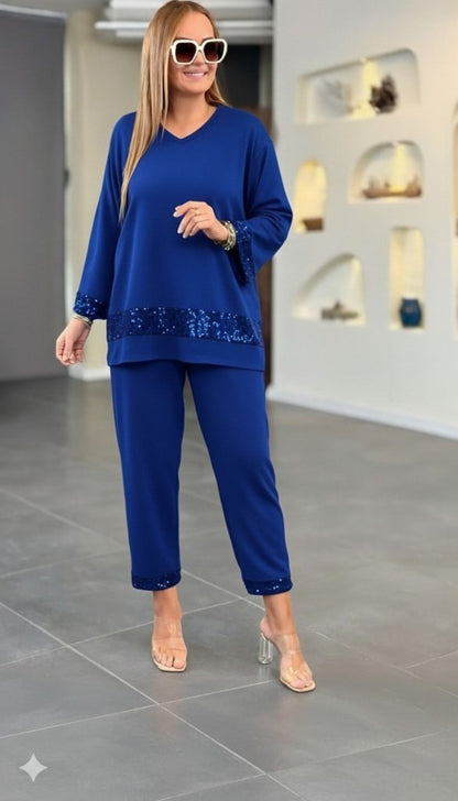 Kadın Uzun Kollu V Yakalı Pulpayet Viskon Iki Iplik Bluz Ve Pantolon Takım