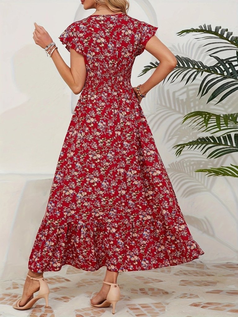 Kadın Kısa Kollu Kruvaze Yaka Beli Lastikli çiçek Desenli Elbise