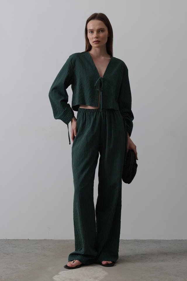 Önü Bağlamalı Crop Takım - Yeşil