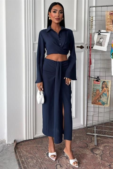 Crop Gömlekli Ve Eteği Büzgülü Tasarım Takım 10195