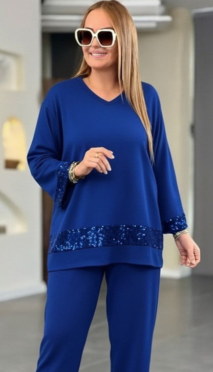 Kadın Uzun Kollu V Yakalı Pulpayet Viskon Iki Iplik Bluz Ve Pantolon Takım