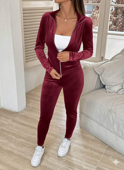 Kadın Uzun Kollu önden Fermuarlı Kadife Bluz Ve Pantolon Ikili Takım