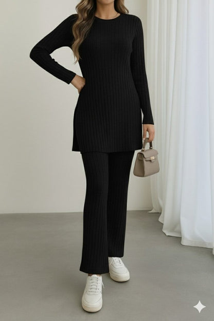 Kadın Uzun Kollu Yuvarlak Yaka Yandan Yırtmaç Detaylı şardonlu Kaşkorse Bluz Ve Pantolon Ikili Takım