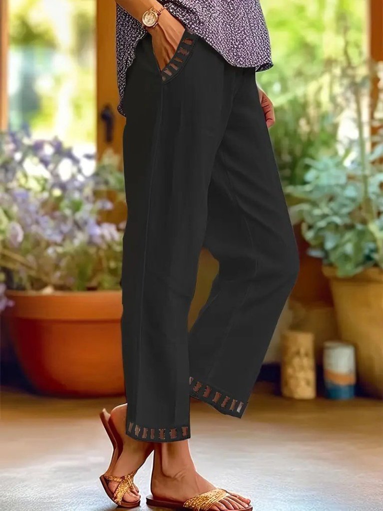 Kadın Beli Lastikli Bağcıklı Cep Ve Pantolon Ucu Güpür Detaylı Pantolon