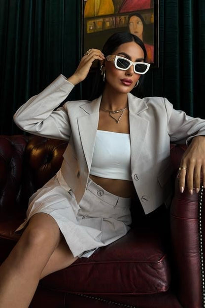 Crop Ceketli Ve Pile Etekli Garnili Takım 10111