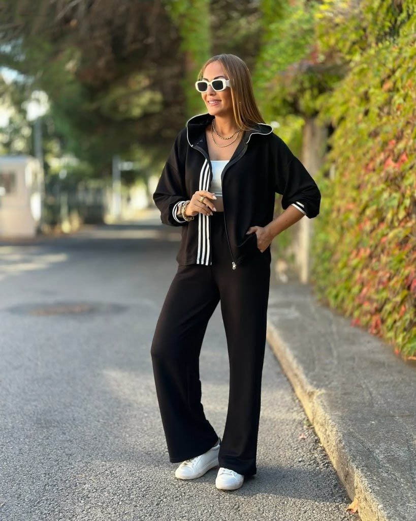 Kadın Uzun Kollu Kapşonlu Onu şerit Detaylı Fermuarlı Viskon Iki Iplik Bluz Ve Pantolon Ikili Takım