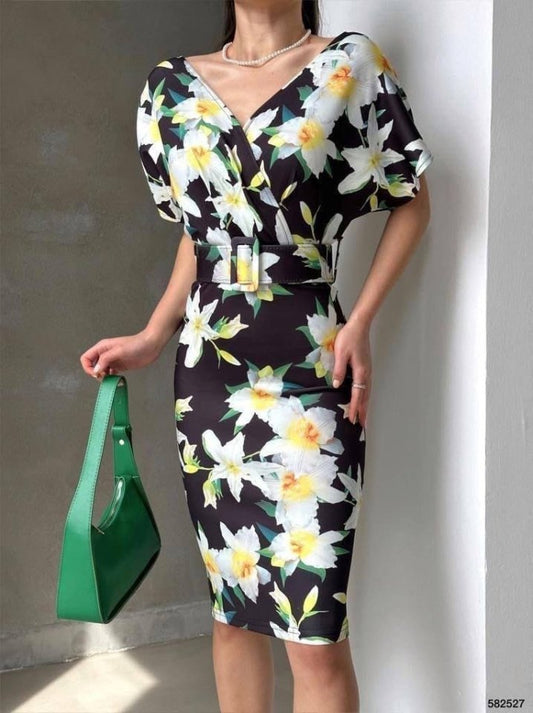 Kadın Dalgıç Kumaş V Yaka çiçek Desenli Kuşaklı Kalem Elbise