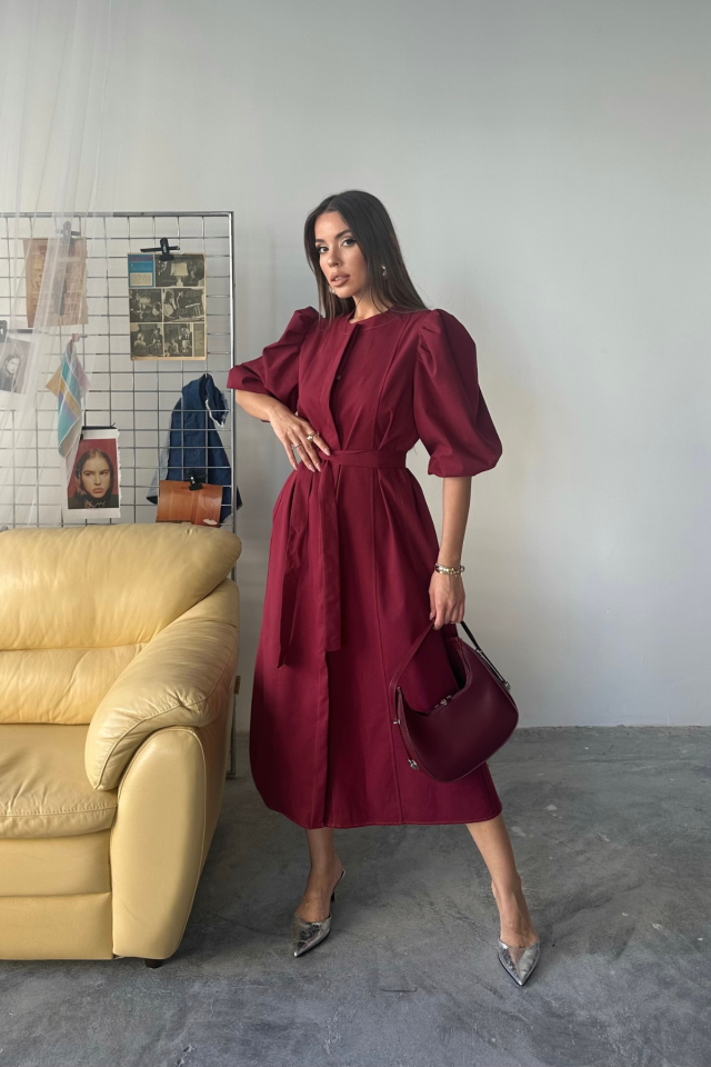 TENCEL KARPUZ KOL ELBİSE - Bordo