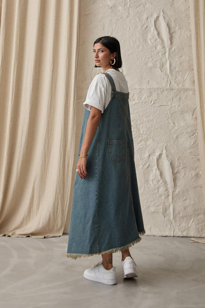 Mavi Askılı Düğmeli Kot Elbise