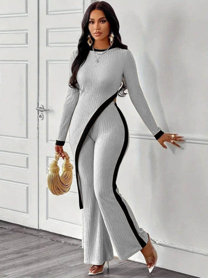 Kadın Uzun Kollu Bisiklet Yaka Asimetrik Kesim Bluz şardonlu Kaşkorse Bluz Ve Pantolon Ikili Takım