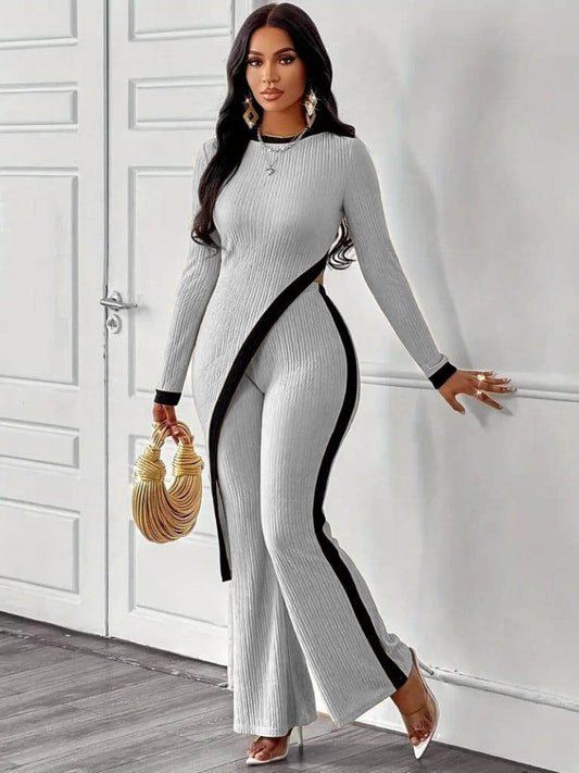 Kadın Uzun Kollu Bisiklet Yaka Asimetrik Kesim Bluz şardonlu Kaşkorse Bluz Ve Pantolon Ikili Takım