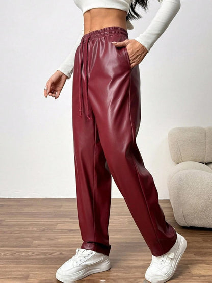 Kadın Yüksel Bel Bağcıklı Deri Pantolon