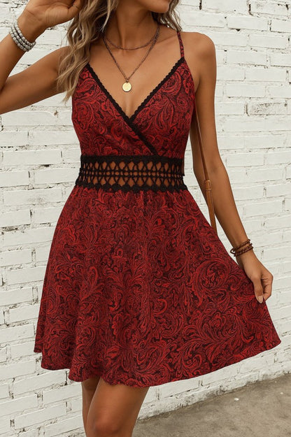 Kadın Ip Askılı Kruvaze Yakalı Desenli Mini Süprem Mini Elbise