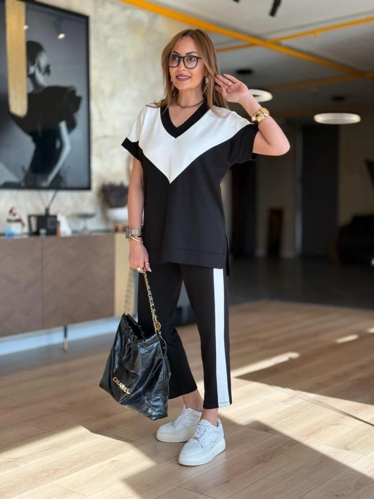 Kadın Kısa Kollu V Yaka Siyah Beyaz Renkli Viskon Iki Iplik Kumaş Eşofman Takımı