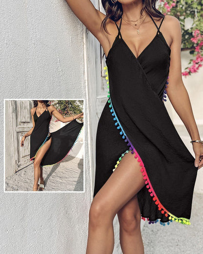 Kadın Askılı Derin V Yakalı çapraz Geçmeli Ponponlu Bürümcük Pareo