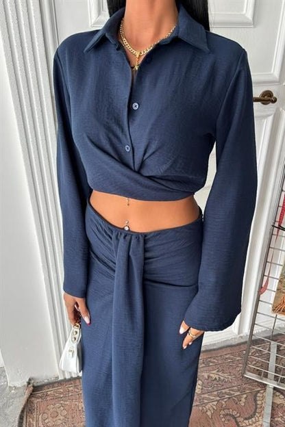 Crop Gömlekli Ve Eteği Büzgülü Tasarım Takım 10195