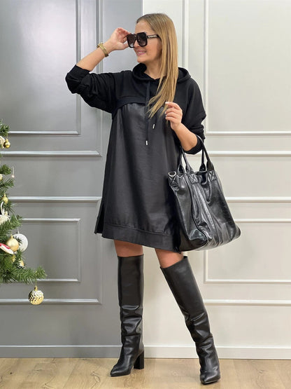 Kadın Uzun Kollu Kapüşon Ve Deri Detay Diz üstü Elbise