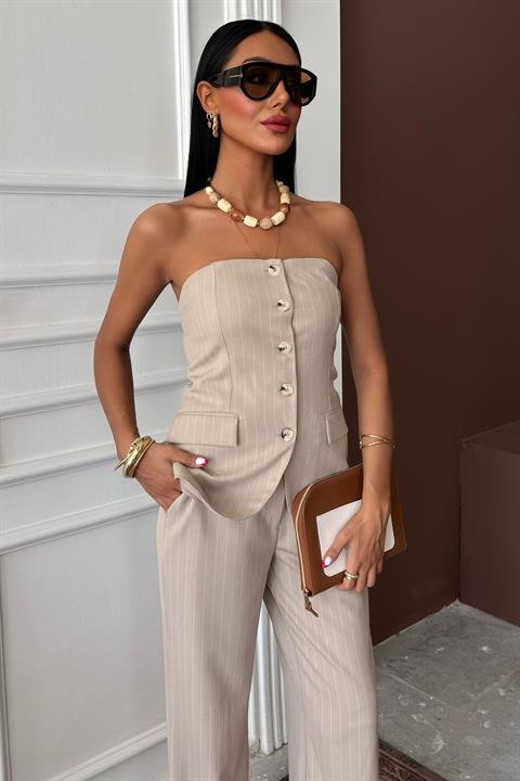 Straplez Büstiyerli Plazzo Pantolonlu Çizgili Takım 10151