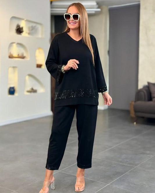 Kadın Uzun Kollu V Yakalı Pulpayet Viskon Iki Iplik Bluz Ve Pantolon Takım