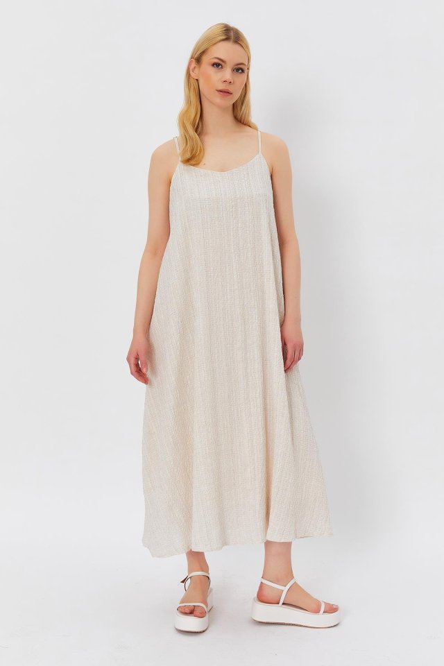 Askılı Uzun Çan Elbise - Natür