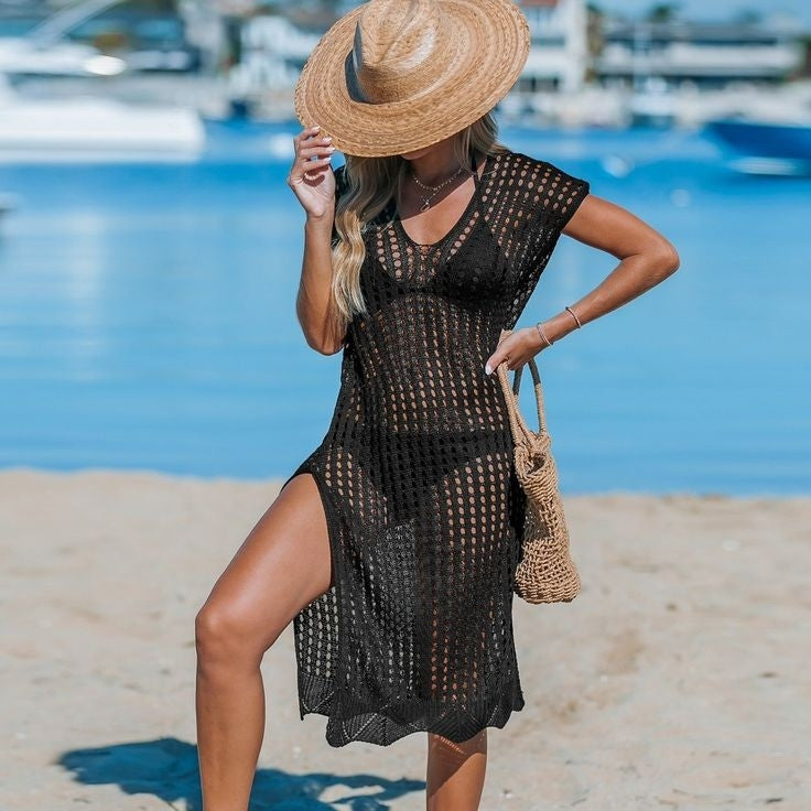 Kadın Sıfır Kol V Yaka Yanı Derin Yırtmaçlı Midi Boy Triko Elbise