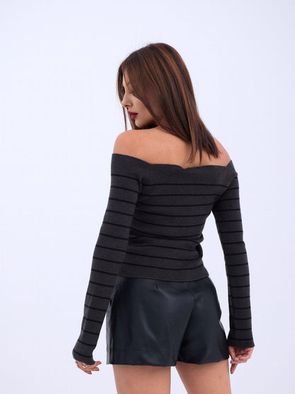 4206 TRİKO ÇİZGİLİ KAYIK YAKA CROP-ANTRASİT-SİYAH