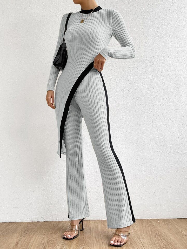 Kadın Uzun Kollu Bisiklet Yaka Asimetrik Kesim Bluz şardonlu Kaşkorse Bluz Ve Pantolon Ikili Takım