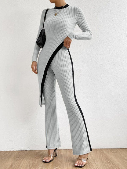 Kadın Uzun Kollu Bisiklet Yaka Asimetrik Kesim Bluz şardonlu Kaşkorse Bluz Ve Pantolon Ikili Takım