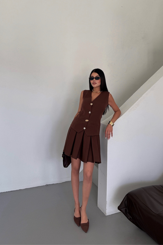 YELEK - PİLELİ ETEK GÖRÜNÜMLÜ ELBİSE - Kahverengi