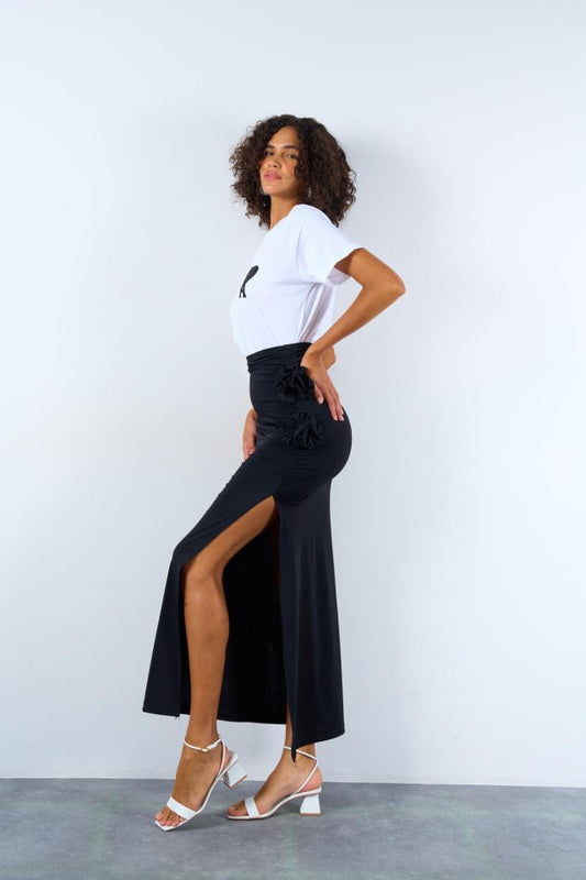 Yandan Büzgülü Güllü Etek - Siyah