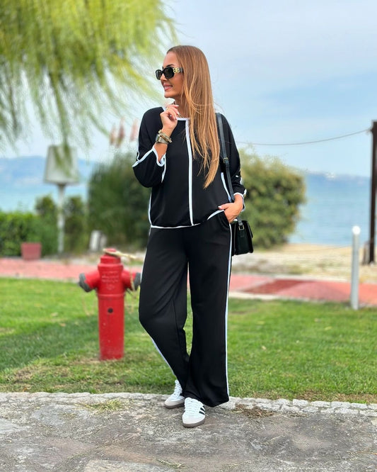 Kadın Bisiklet Yaka Truvakar Kol Biye Detay Bluz Ve Yüksek Bel Lastikli Pantolon Ikili Takım