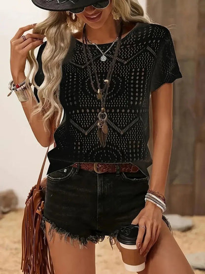 Kadın Kısa Kollu Bisiklet Yaka Desenli Triko Bluz