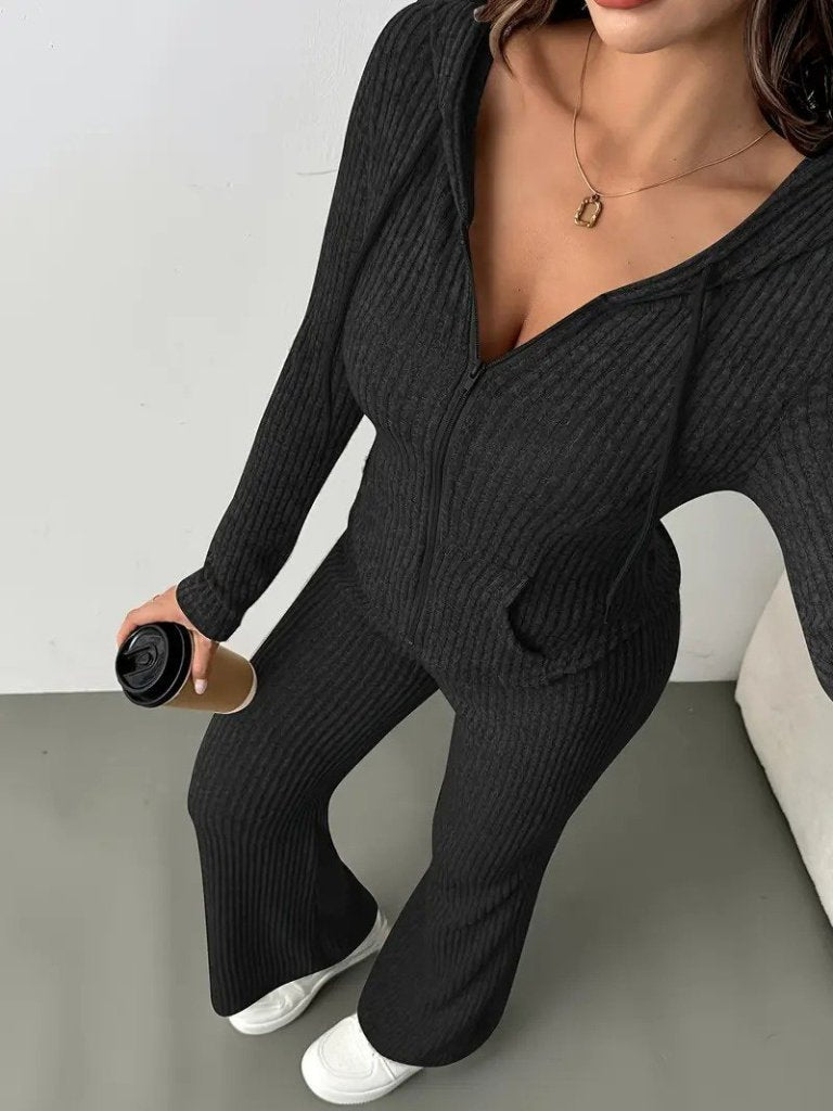 Kadın Uzun Kollu Kapşonlu önden Fermuarlı Kaşkorse Bluz Ve Pantolon Ikili Takım