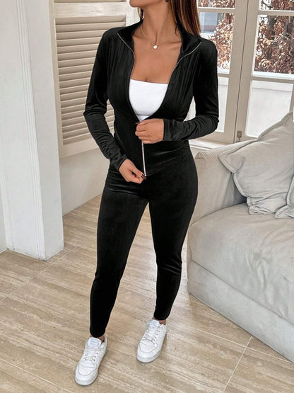 Kadın Uzun Kollu önden Fermuarlı Kadife Bluz Ve Pantolon Ikili Takım