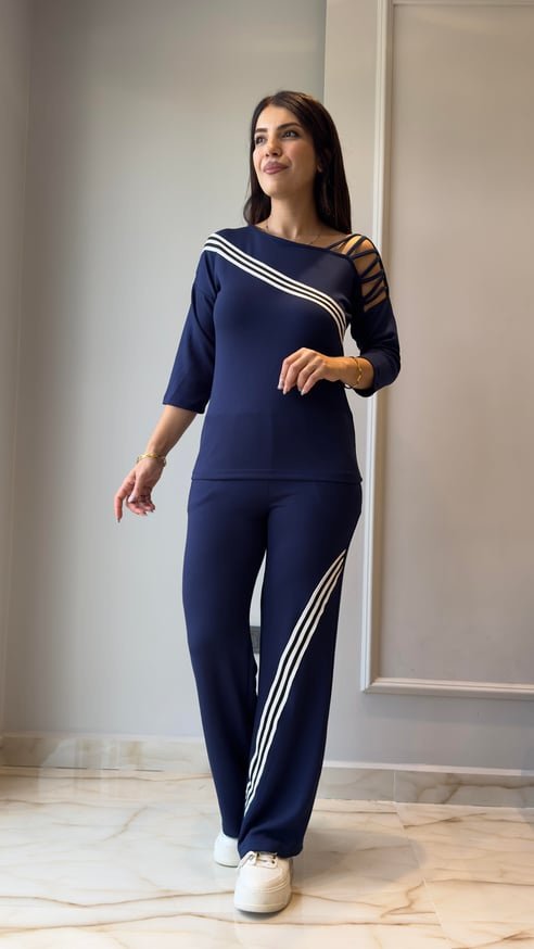 Kadın Uzun Kollu Truvakar Kol Tek Omuz çapraz şerit Detaylı Ribanalı Viskon Iki Iplik Bluz Ve Pantolon Ikili Takım