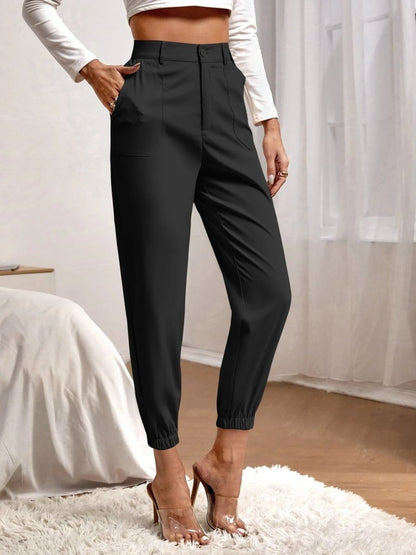 Kadın Yüksek Bel Cepli Paçası Lastikli Ithal Krep Pantolon