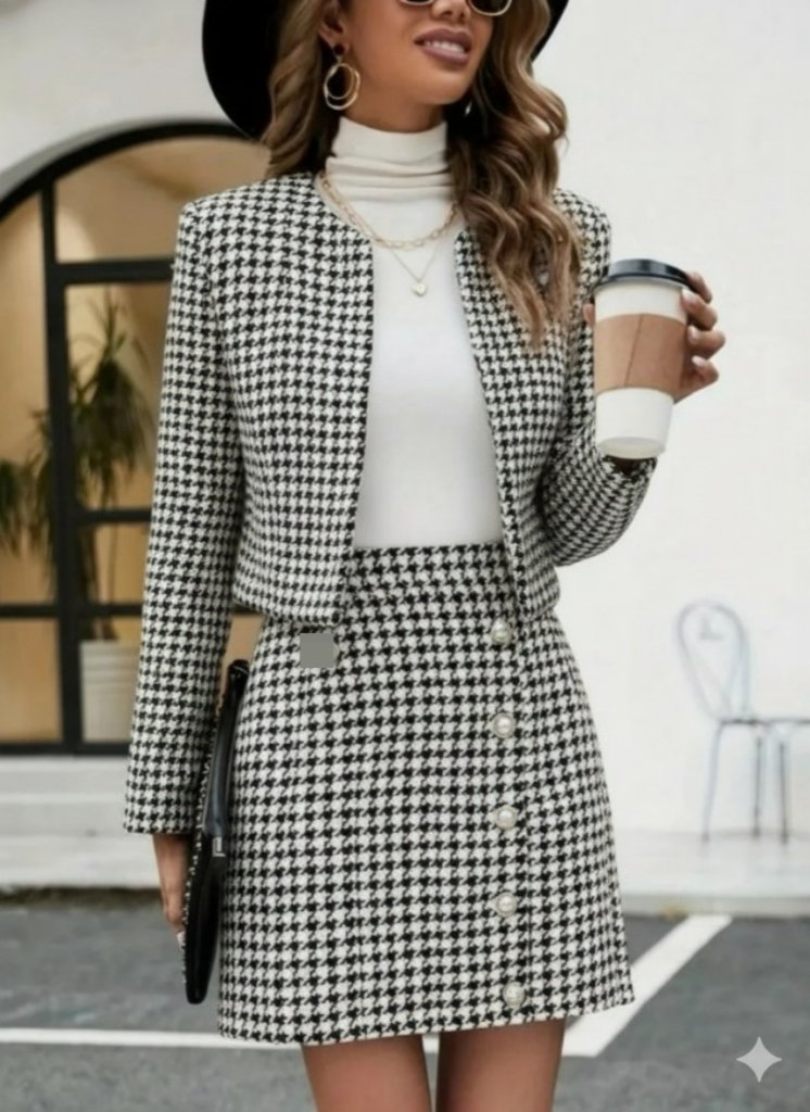 Kadın Uzun Kollu önü Açık Dokuma Ceket Ve Mini Etek Ikili Takım