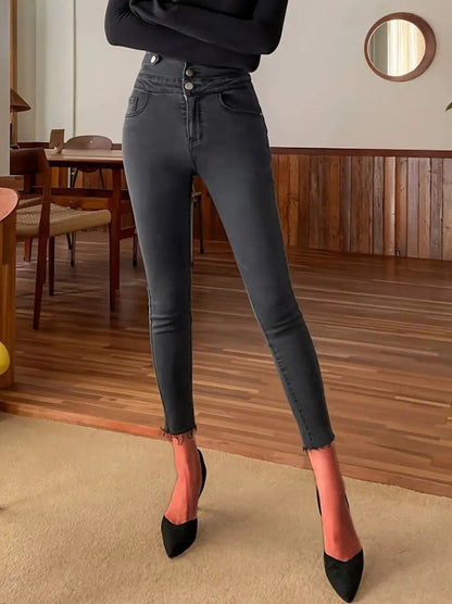 Kadın Yüksek Bel önden Düğmeli Cepli Dar Kesim Detaylı Kot Pantolon