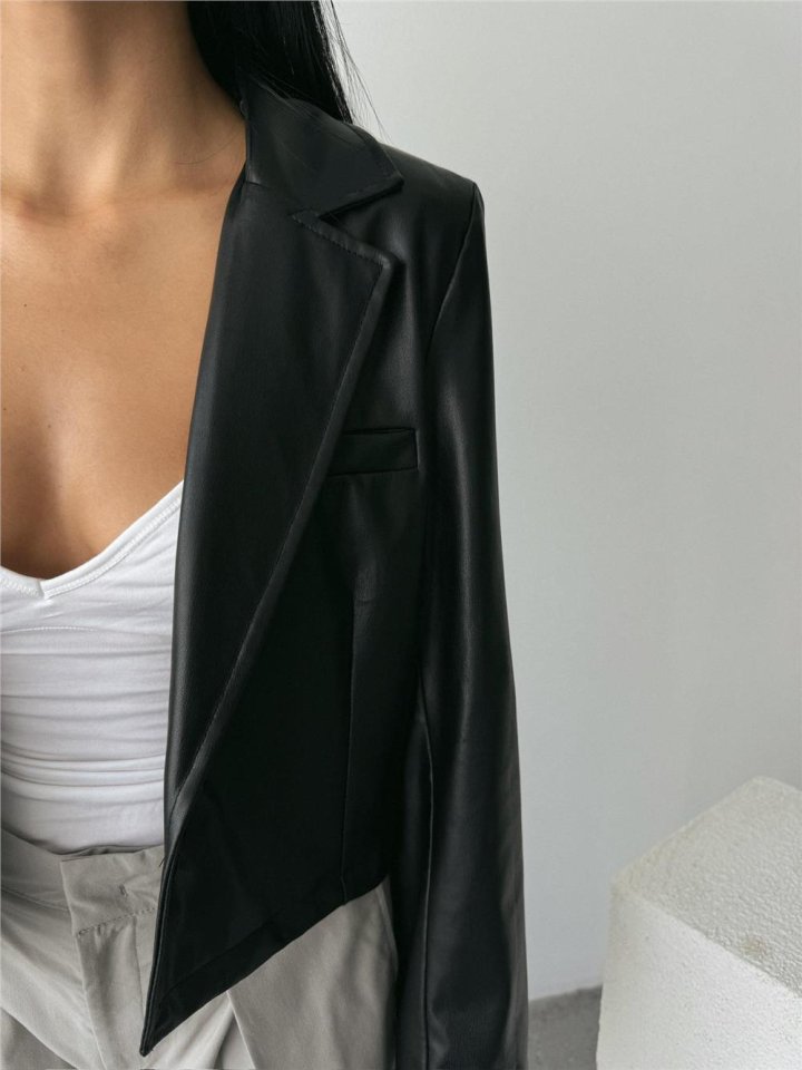 DERİ CROP CEKET TEK DÜĞME - Siyah