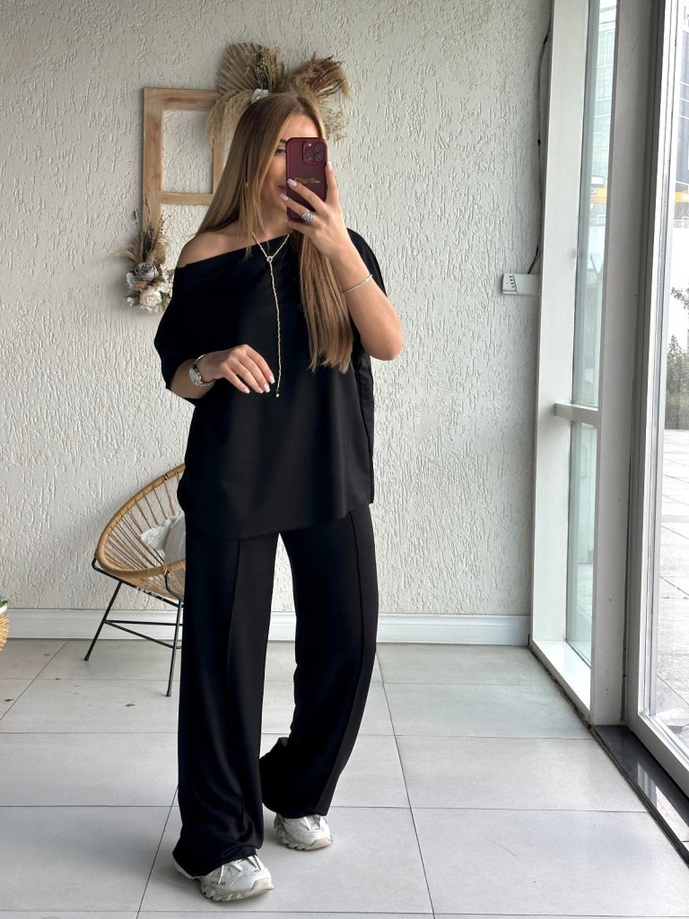 Kadın Tek Omuzdan Açık Geniş Kesim Viskon Iki Iplik Bluz Ve Pantolon Ikili Takım