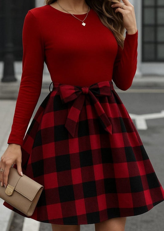 Kadın Uzun Kollu Bisiklet Yaka üst Viskon Alt Ekose Kısa Elbise