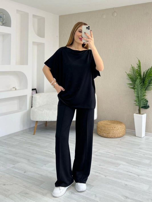 Kadın Kısa Kollu Kayık Yakalı Dikiş Izi Detaylı Viskon Iki Iplik Bluz Ve Pantolon Ikili Takım