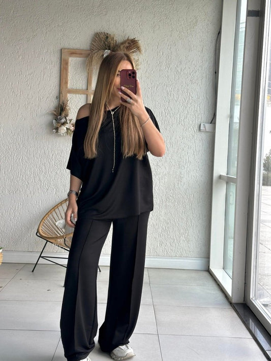 Kadın Tek Omuzdan Açık Geniş Kesim Viskon Iki Iplik Bluz Ve Pantolon Ikili Takım