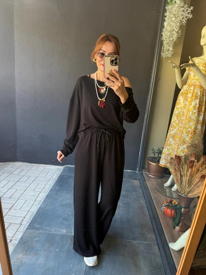 Kadın Uzun Kollu Tek Omuzdan Açık Viskon Iki Iplik Bluz Ve Pantolon Ikili Takım