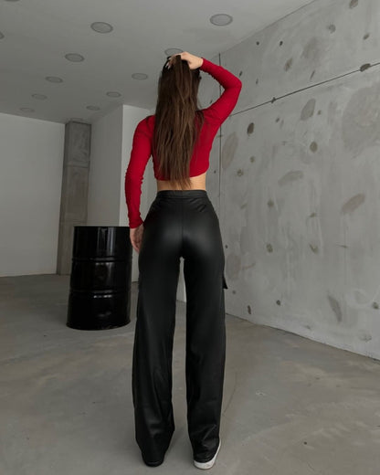 Kadın Yüksek Bel önden Fermuarlı Yandan Cep Detaylı Deri Kargo Pantolon