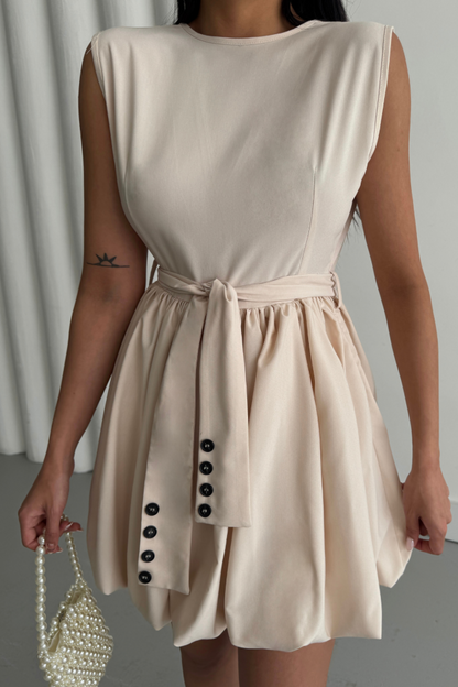 BALON ETEKLİ TASARIM KISA ELBİSE - Bej